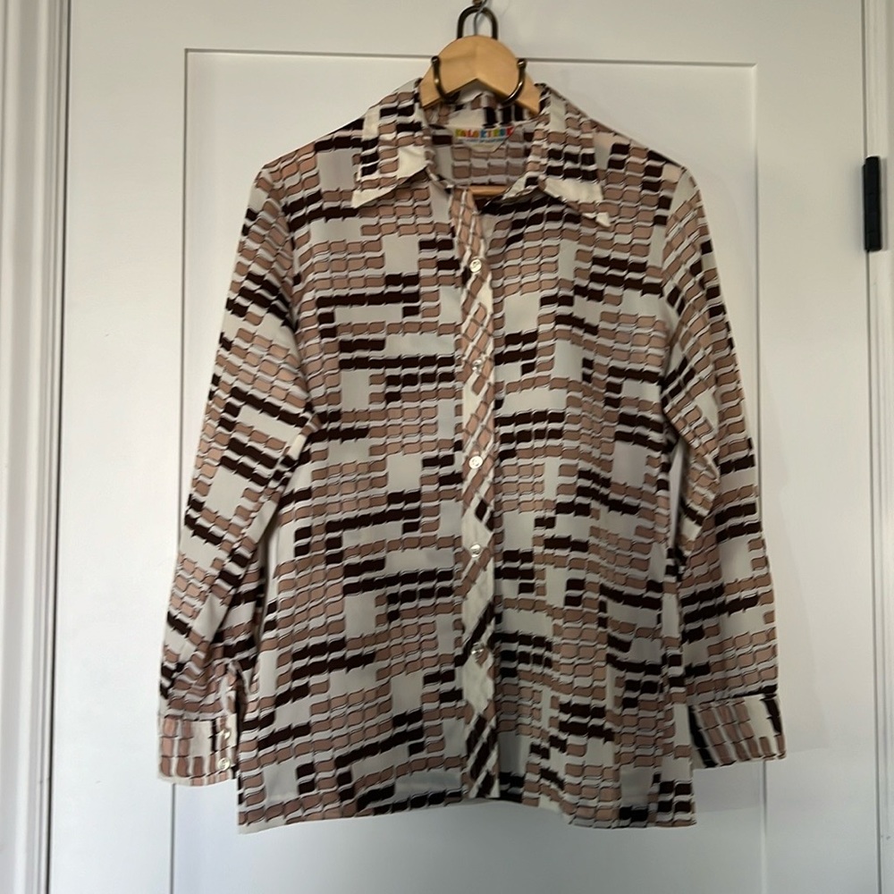Vintage Brown Tones Abstract 70s Polyester Ladies Blouse (Estimate Sz M)